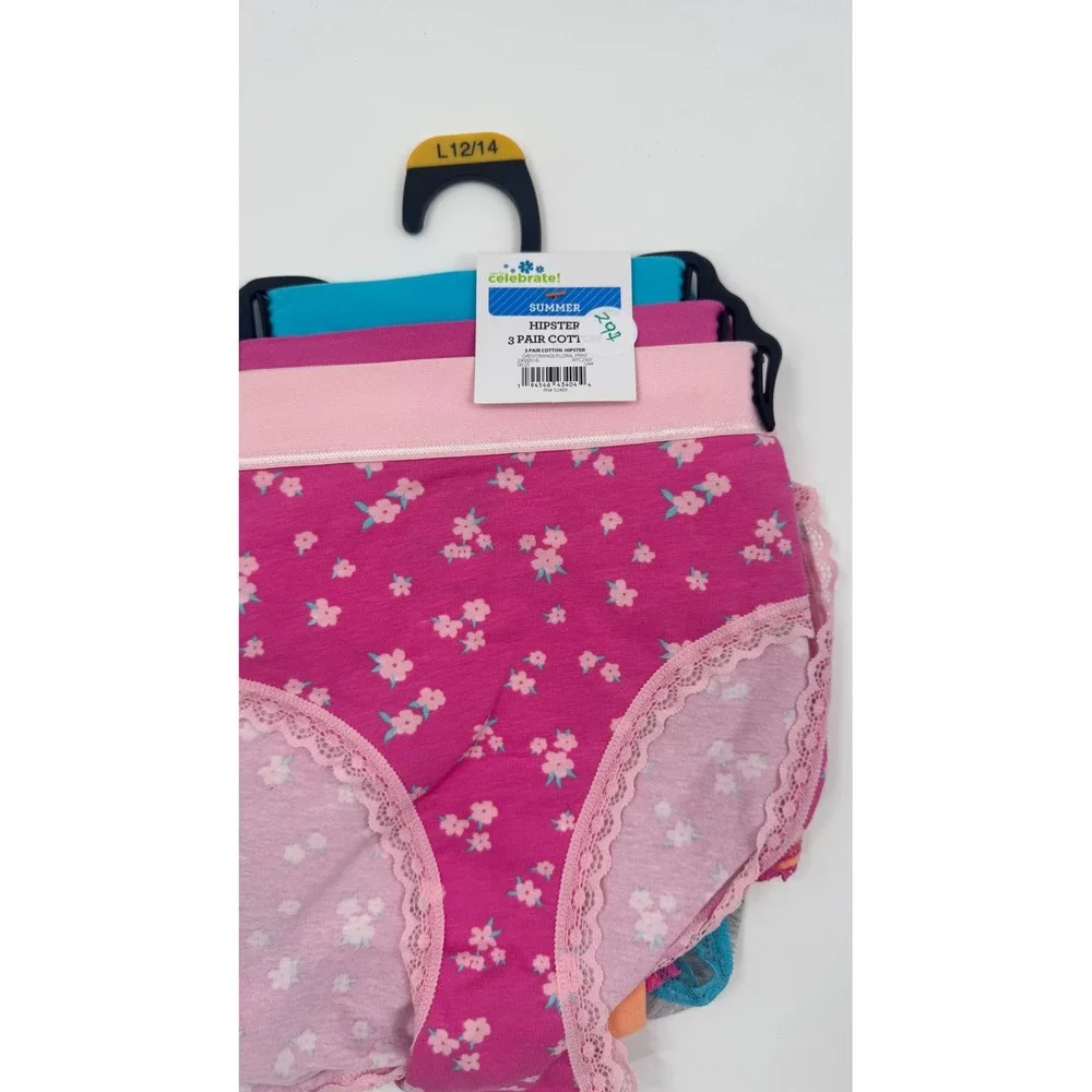 Celebrate Summer Girls Hipster Underwear 3 Pack Floral Pink Grey Teal  L 12/14